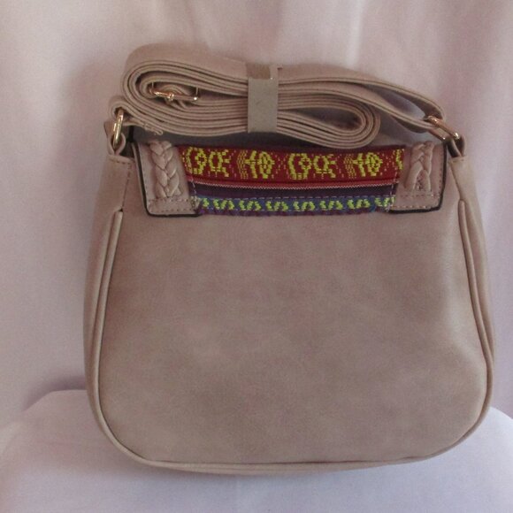 Boho Saddle Bag Womens Crossbody Purse Beige Embroidered Tribal Pattern Flap - Picture 2 of 7
